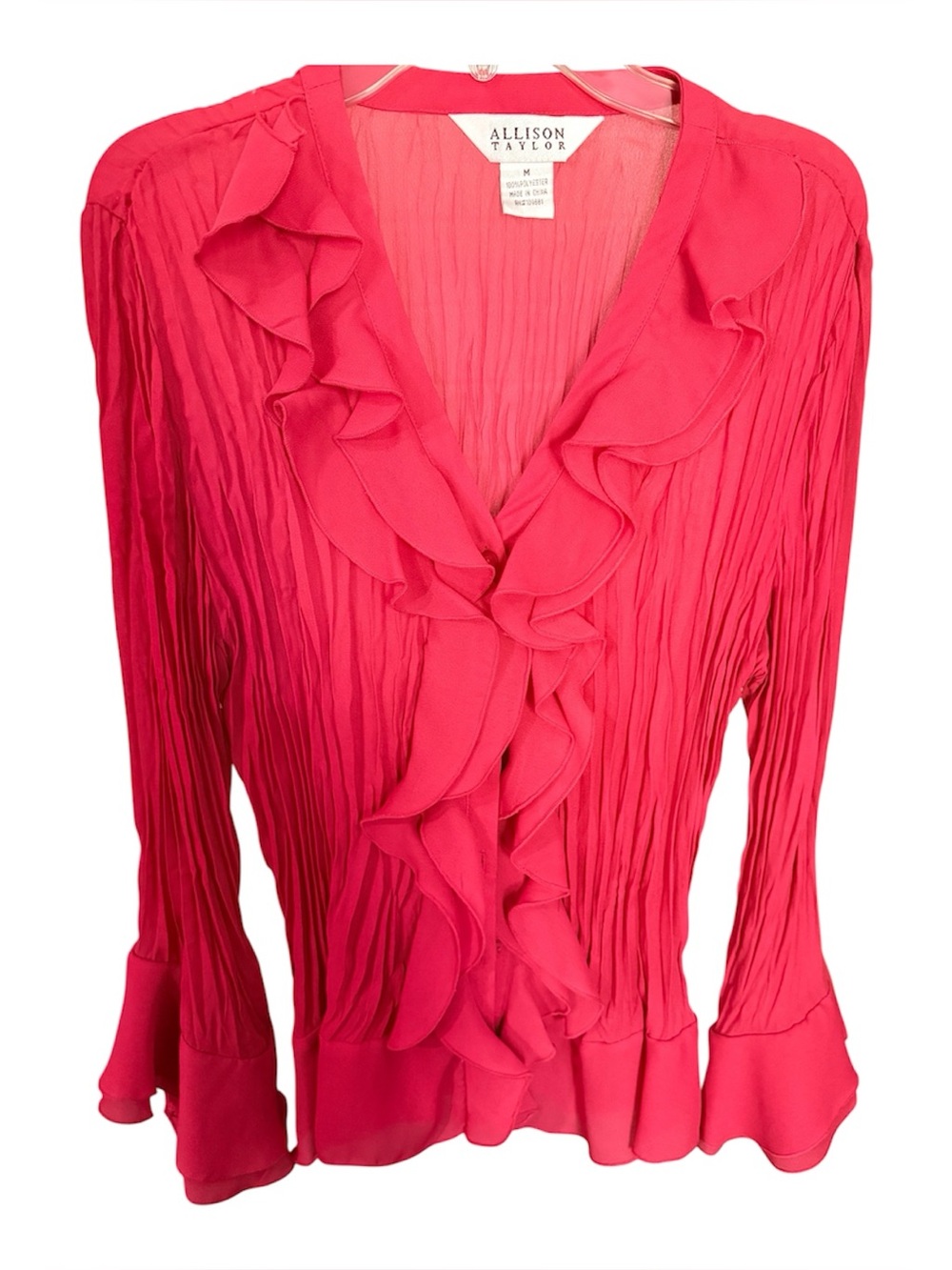 Allison Taylor Women's Ruffled V-Neck Blouse in Watermelon Sz.M